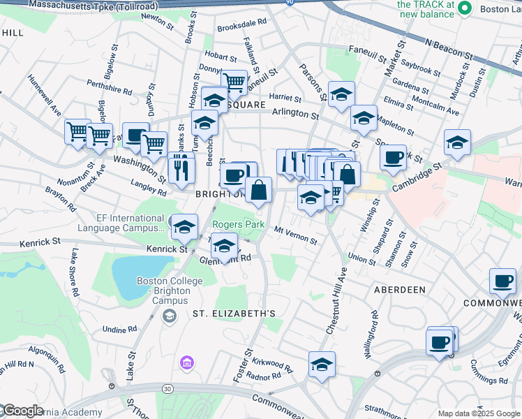 map of restaurants, bars, coffee shops, grocery stores, and more near 24 Shanley Street in Boston