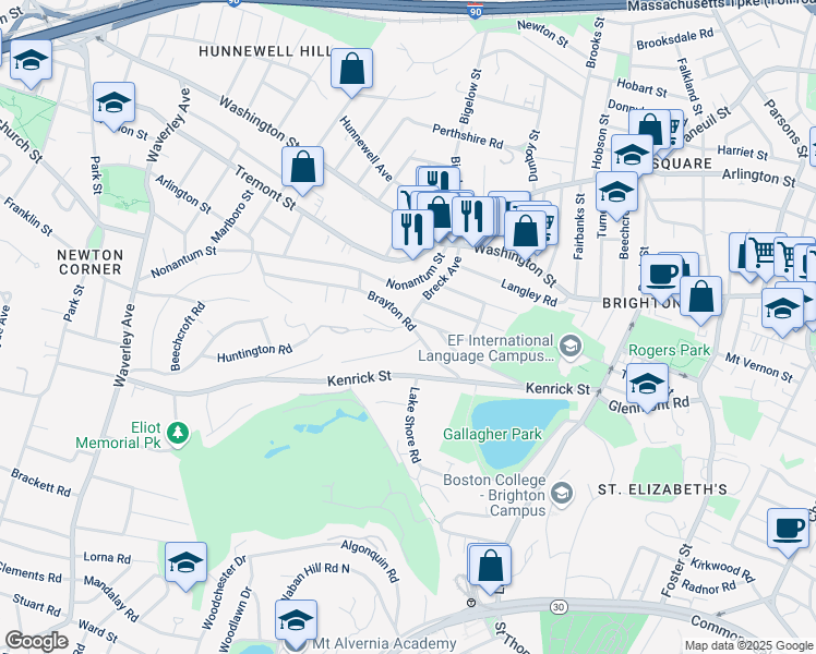 map of restaurants, bars, coffee shops, grocery stores, and more near 53 Brayton Road in Boston
