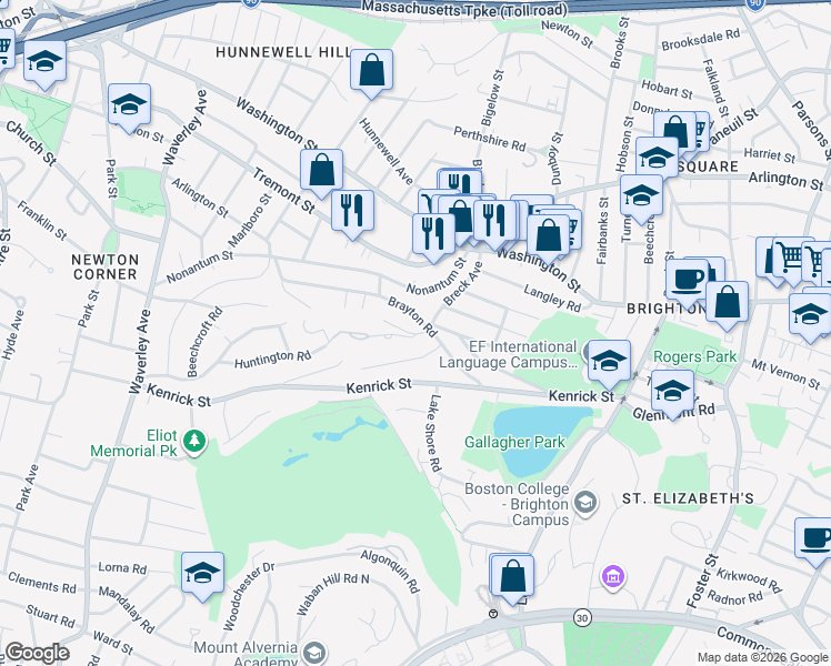 map of restaurants, bars, coffee shops, grocery stores, and more near 135 Huntington Road in Boston