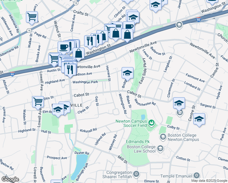 map of restaurants, bars, coffee shops, grocery stores, and more near 262 Cabot Street in Newton
