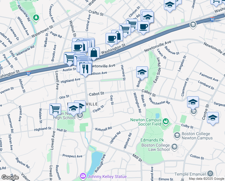 map of restaurants, bars, coffee shops, grocery stores, and more near 319 Cabot Street in Newton