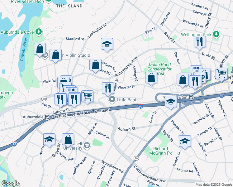map of restaurants, bars, coffee shops, grocery stores, and more near 66 Rowe Street in Newton