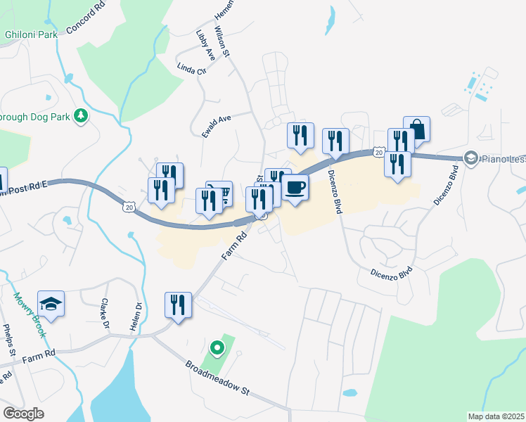 map of restaurants, bars, coffee shops, grocery stores, and more near 449 Boston Post Road East in Marlborough