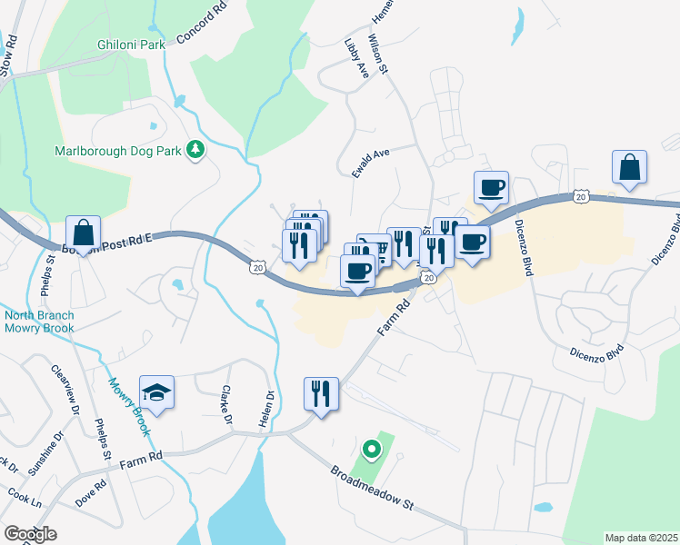 map of restaurants, bars, coffee shops, grocery stores, and more near 450 Boston Post Road East in Marlborough