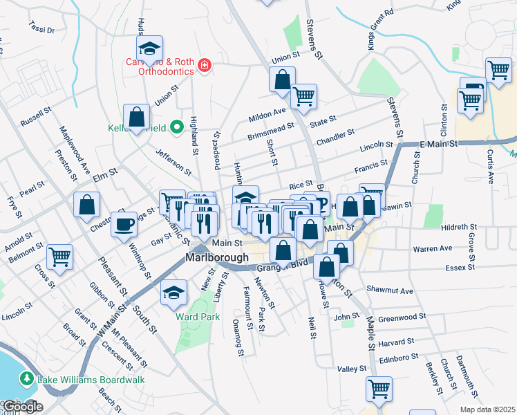 map of restaurants, bars, coffee shops, grocery stores, and more near 93 Washington Street in Marlborough