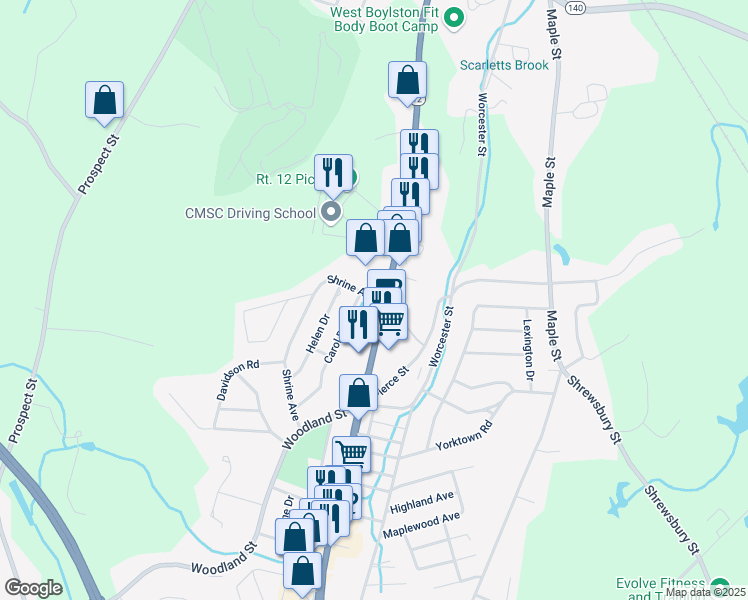 map of restaurants, bars, coffee shops, grocery stores, and more near 2009 Smith Drive in West Boylston