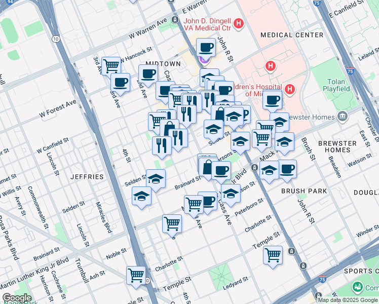map of restaurants, bars, coffee shops, grocery stores, and more near 3901 Cass Avenue in Detroit