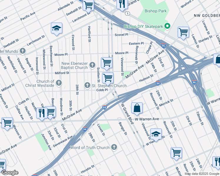 map of restaurants, bars, coffee shops, grocery stores, and more near 1689 West Grand Boulevard in Detroit