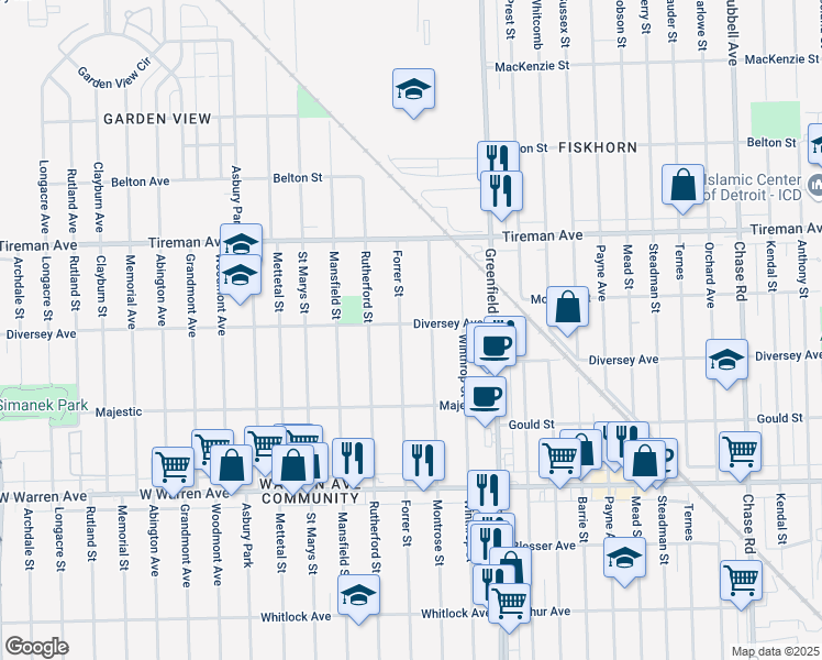 map of restaurants, bars, coffee shops, grocery stores, and more near 7539 Montrose Street in Detroit