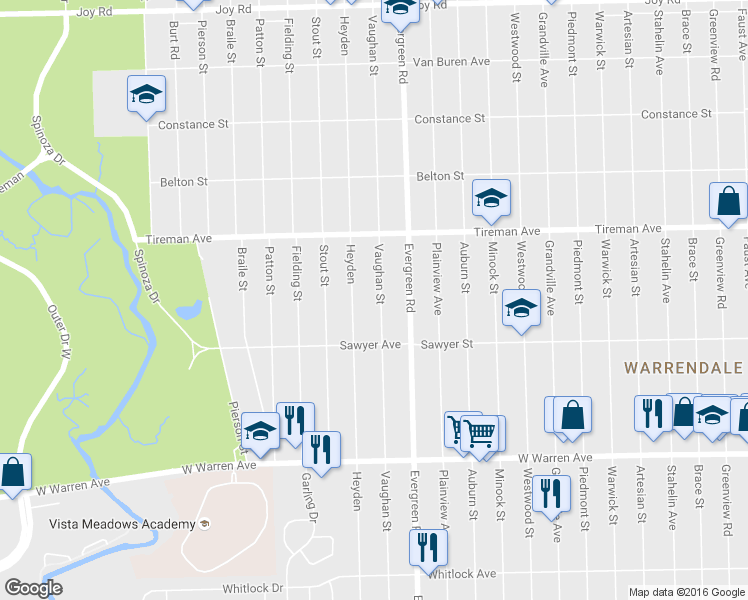 map of restaurants, bars, coffee shops, grocery stores, and more near 7682 Vaughan Street in Detroit