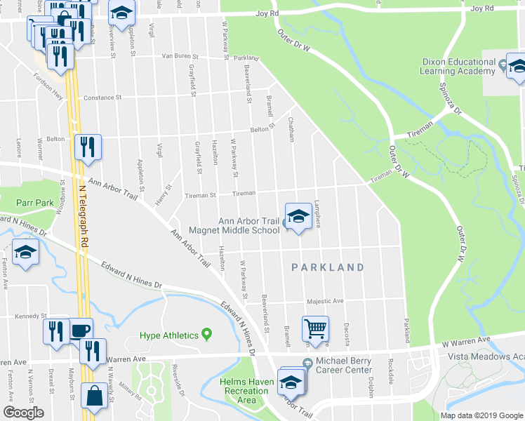 map of restaurants, bars, coffee shops, grocery stores, and more near 7711 Bramell in Detroit