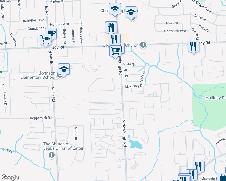 map of restaurants, bars, coffee shops, grocery stores, and more near 37485 Dale Drive in Westland