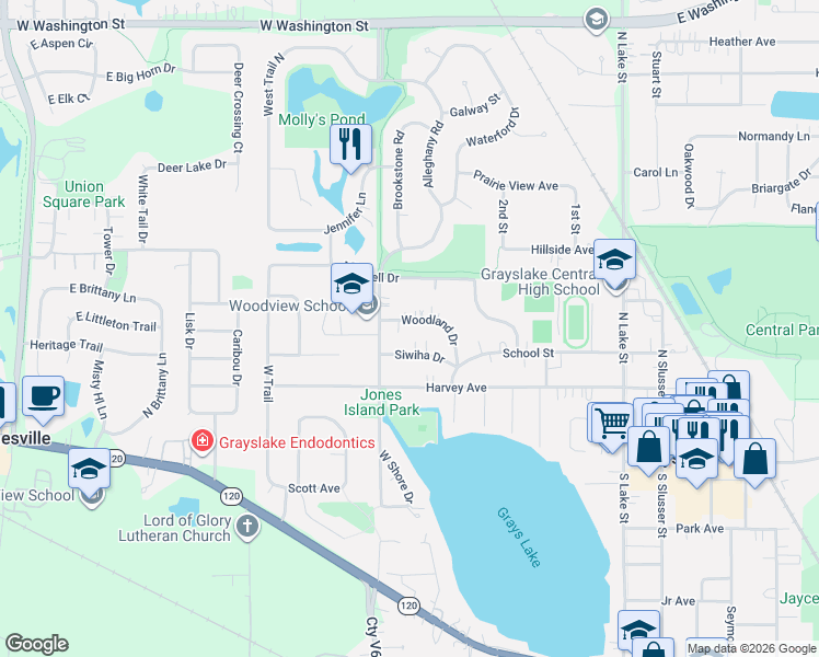 map of restaurants, bars, coffee shops, grocery stores, and more near 338 Woodland Drive in Grayslake