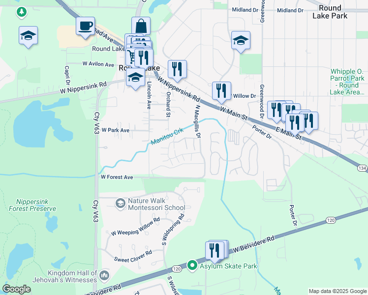 map of restaurants, bars, coffee shops, grocery stores, and more near 274 West Treehouse Lane in Round Lake