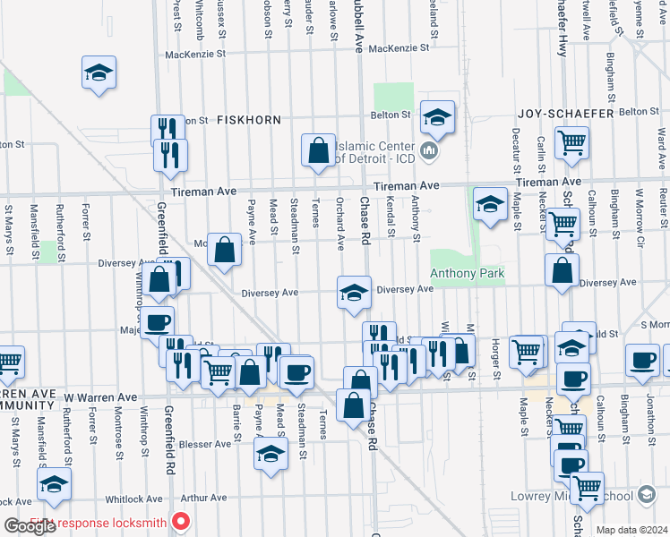 map of restaurants, bars, coffee shops, grocery stores, and more near 7655 Orchard Avenue in Dearborn