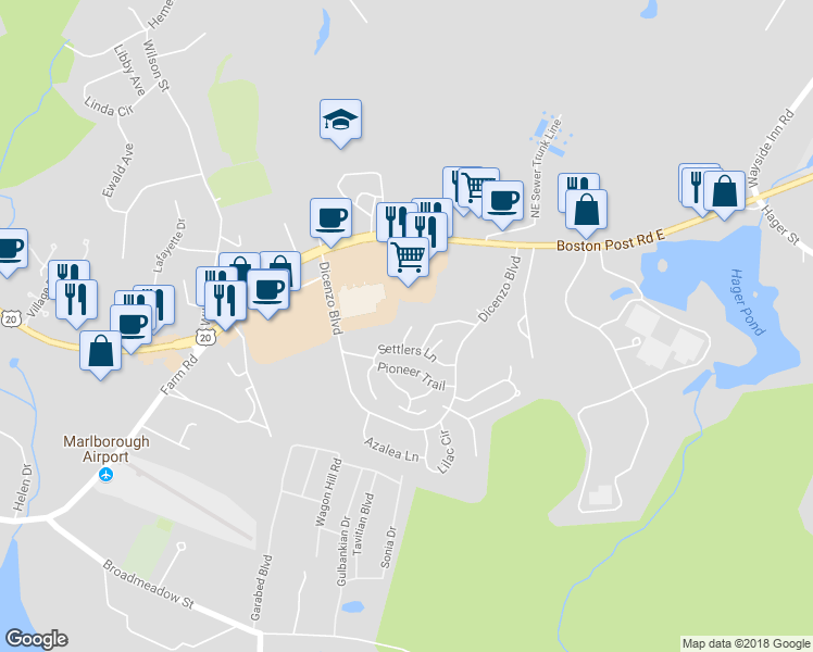 map of restaurants, bars, coffee shops, grocery stores, and more near 24 Arcadia Circle in Marlborough
