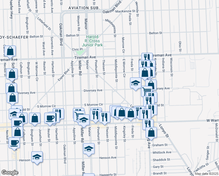 map of restaurants, bars, coffee shops, grocery stores, and more near 7535 Middlepointe Street in Dearborn