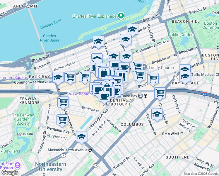 map of restaurants, bars, coffee shops, grocery stores, and more near Ring Road in Boston