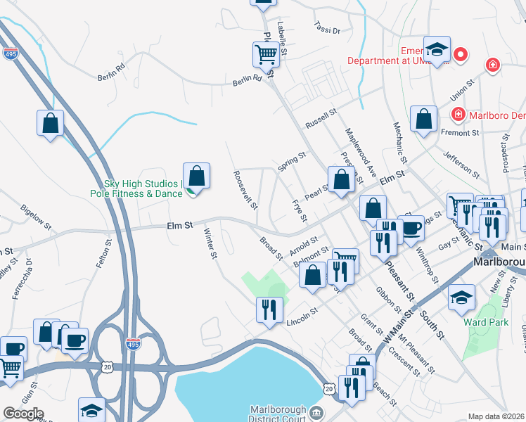 map of restaurants, bars, coffee shops, grocery stores, and more near 104 Spring Street in Marlborough