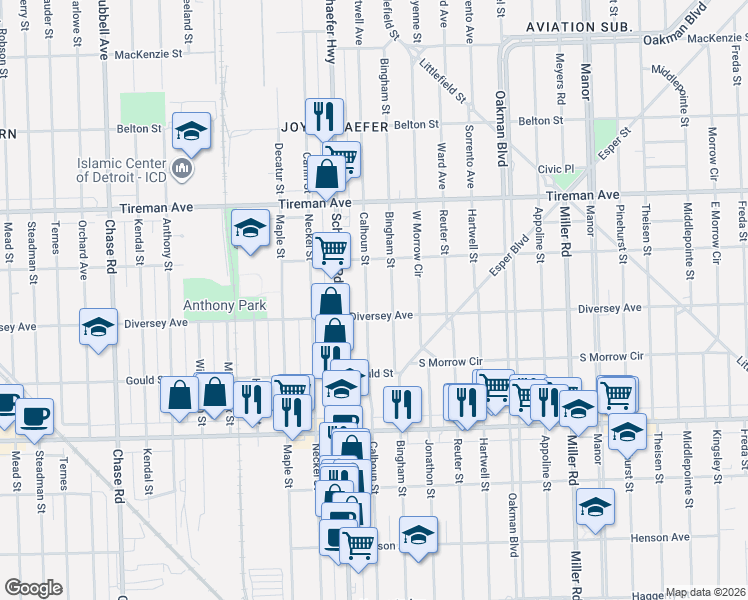 map of restaurants, bars, coffee shops, grocery stores, and more near 7613 Bingham Street in Dearborn