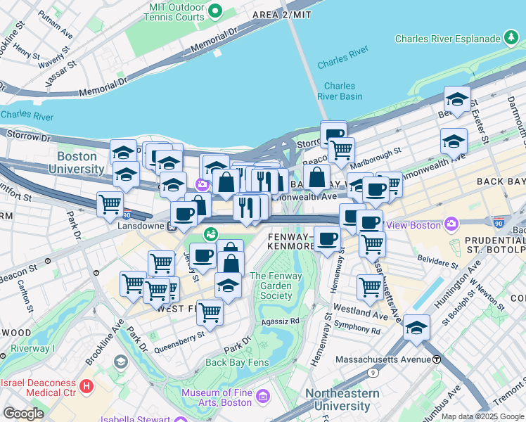 map of restaurants, bars, coffee shops, grocery stores, and more near 533 Newbury Street in Boston