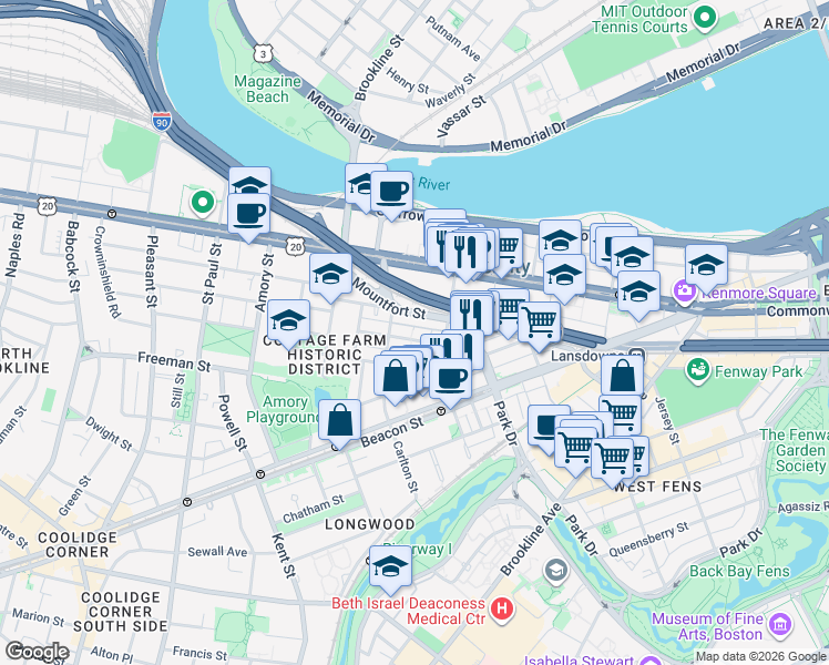 map of restaurants, bars, coffee shops, grocery stores, and more near 7 Euston Street in Brookline