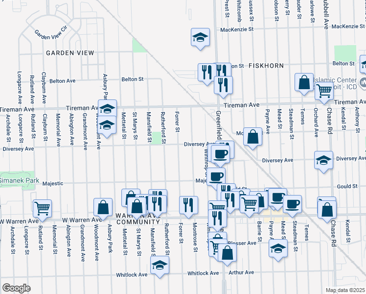 map of restaurants, bars, coffee shops, grocery stores, and more near 7539 Montrose Street in Detroit