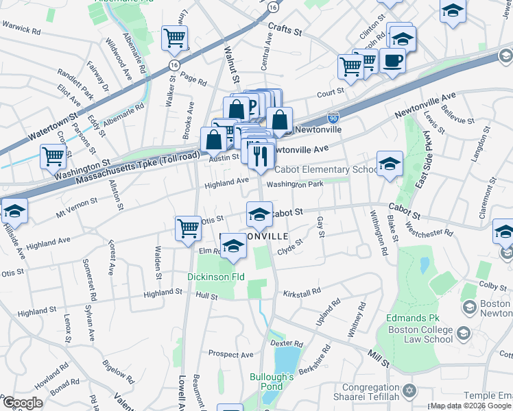 map of restaurants, bars, coffee shops, grocery stores, and more near 377 Walnut Street in Newton