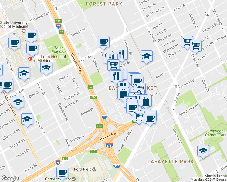 map of restaurants, bars, coffee shops, grocery stores, and more near 2900 Rivard Street in Detroit
