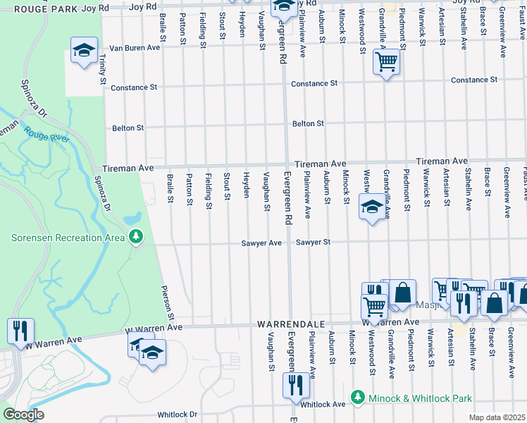 map of restaurants, bars, coffee shops, grocery stores, and more near 7682 Vaughan Street in Detroit