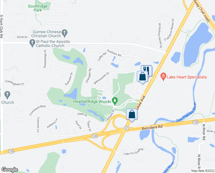 map of restaurants, bars, coffee shops, grocery stores, and more near 738 Drury Court in Gurnee
