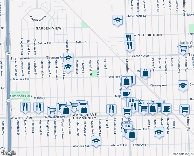 map of restaurants, bars, coffee shops, grocery stores, and more near 7559 Rutherford Street in Detroit