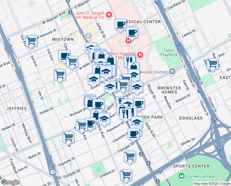 map of restaurants, bars, coffee shops, grocery stores, and more near 3670 Woodward Avenue in Detroit