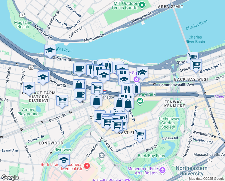 map of restaurants, bars, coffee shops, grocery stores, and more near 2 Cummington Mall in Boston