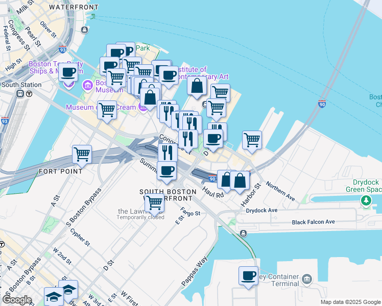 map of restaurants, bars, coffee shops, grocery stores, and more near 501 Congress Street in Boston