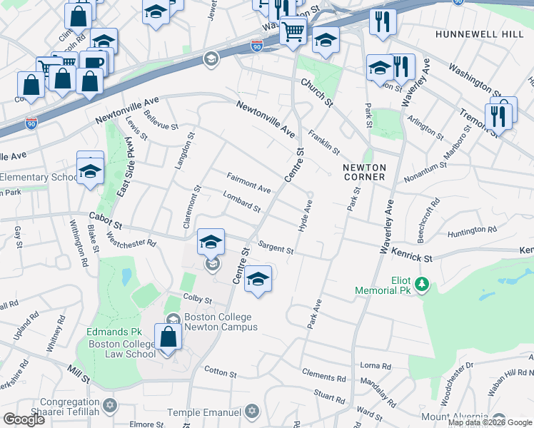 map of restaurants, bars, coffee shops, grocery stores, and more near Centre St & George St in Newton