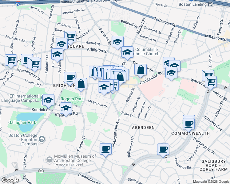 map of restaurants, bars, coffee shops, grocery stores, and more near 20 Chestnut Hill Avenue in Boston