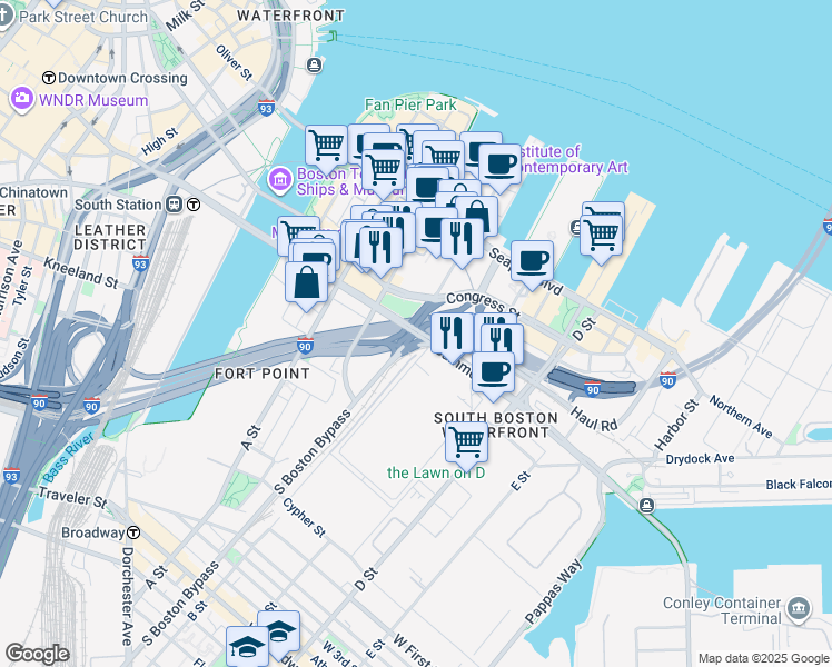 map of restaurants, bars, coffee shops, grocery stores, and more near Summer Street in Boston