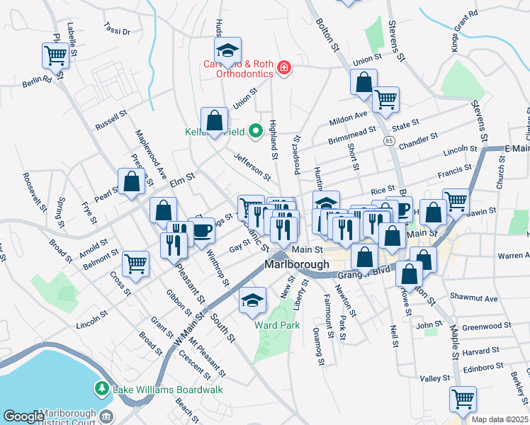 map of restaurants, bars, coffee shops, grocery stores, and more near 316 Lincoln Street in Marlborough