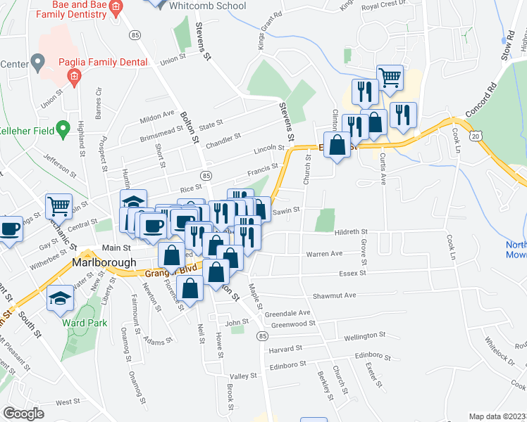 map of restaurants, bars, coffee shops, grocery stores, and more near 66 Brown Street in Marlborough