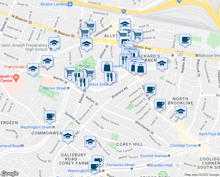 map of restaurants, bars, coffee shops, grocery stores, and more near 1322 Commonwealth Avenue in Boston