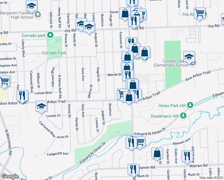 map of restaurants, bars, coffee shops, grocery stores, and more near 8048 Hugh Street in Westland