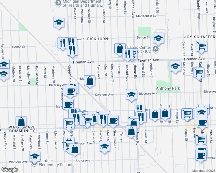 map of restaurants, bars, coffee shops, grocery stores, and more near 7637 Mead Street in Dearborn