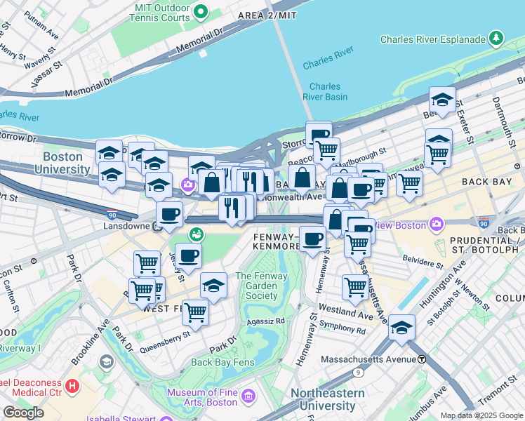map of restaurants, bars, coffee shops, grocery stores, and more near 20 Charlesgate West in Boston