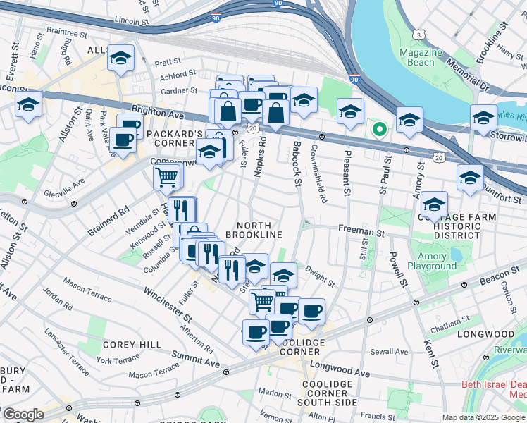 map of restaurants, bars, coffee shops, grocery stores, and more near in Brookline