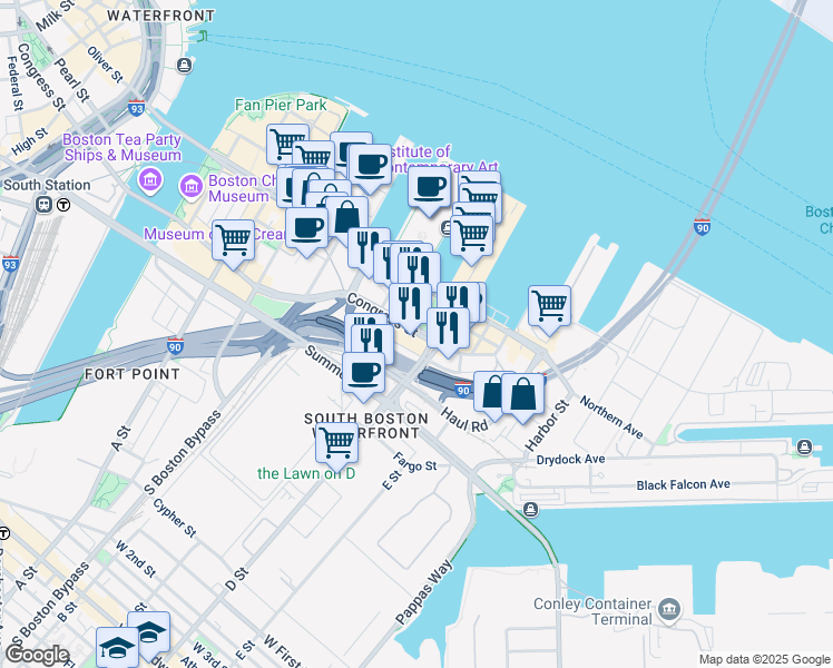 map of restaurants, bars, coffee shops, grocery stores, and more near 499 Congress Street in Boston