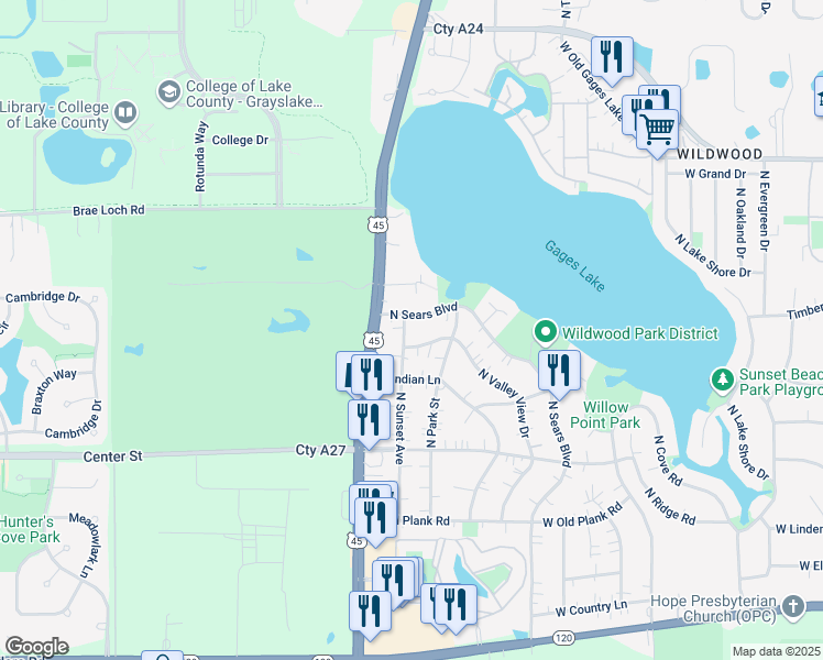map of restaurants, bars, coffee shops, grocery stores, and more near 33428 North Sears Boulevard in Grayslake