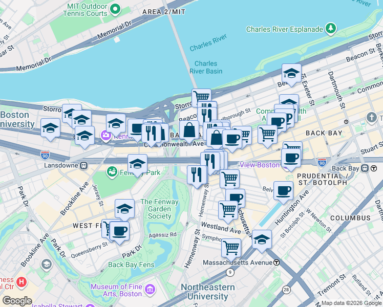 map of restaurants, bars, coffee shops, grocery stores, and more near 425 Newbury Street in Boston
