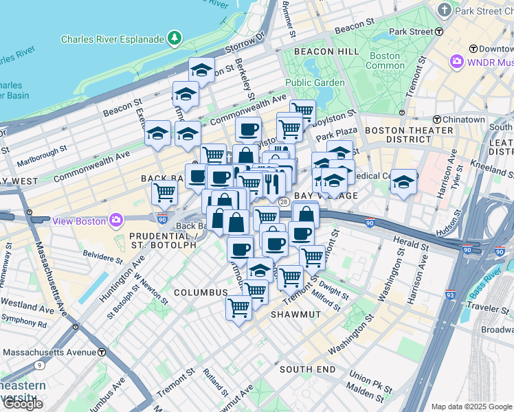 map of restaurants, bars, coffee shops, grocery stores, and more near 131 Clarendon Street in Boston