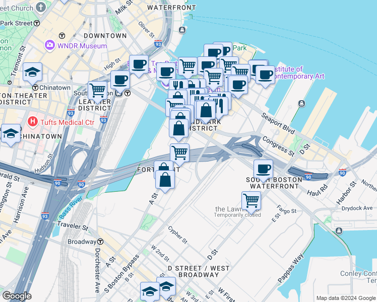 map of restaurants, bars, coffee shops, grocery stores, and more near 289-293R A Street in Boston
